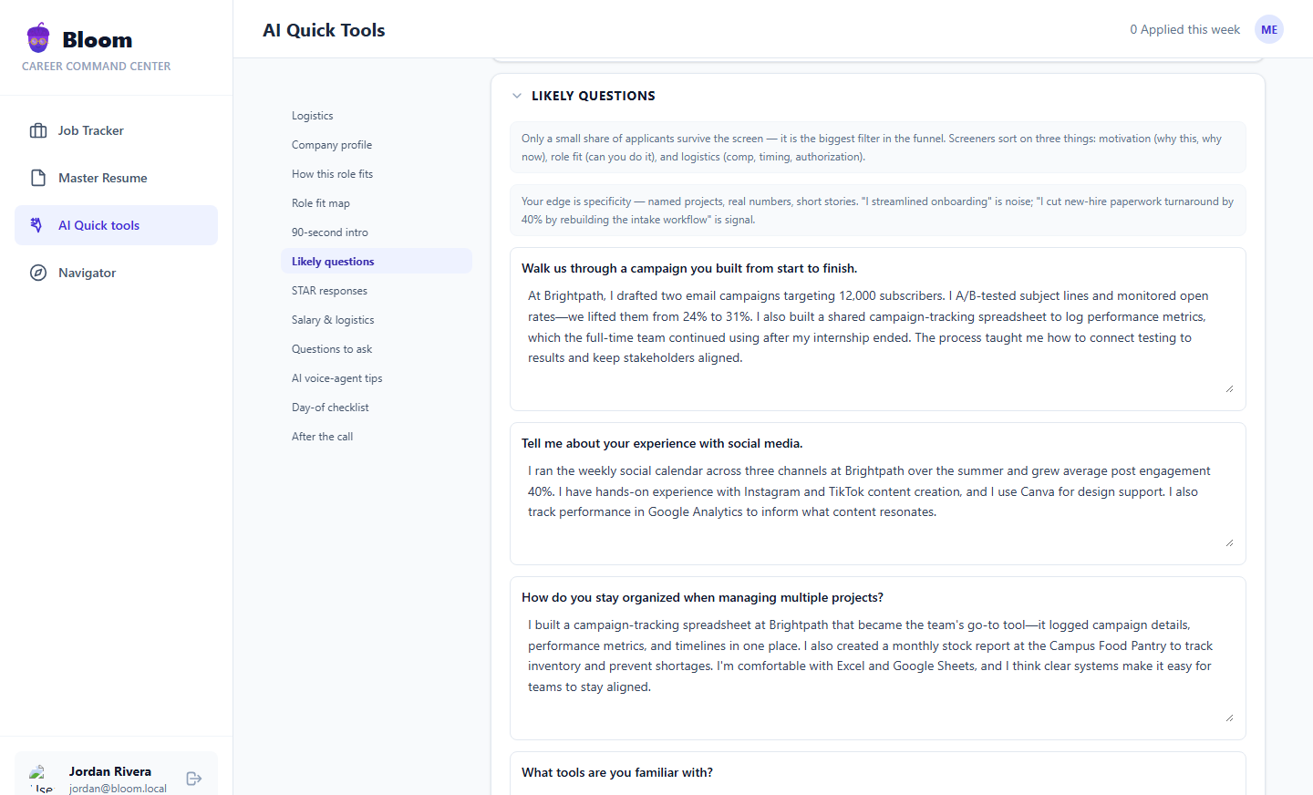 Likely questions with grounded draft answers — each answer pulls real numbers and projects from the resume, nothing invented