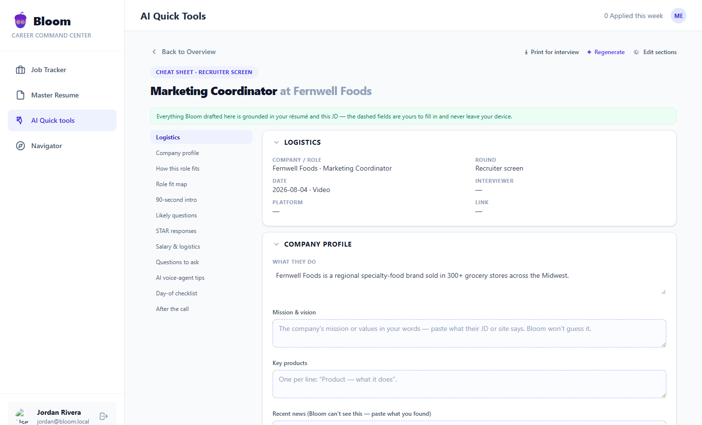 The top of a Bloom cheat sheet for a recruiter screen: logistics for the scheduled round, a grounding note, and the section outline from company profile to day-of checklist