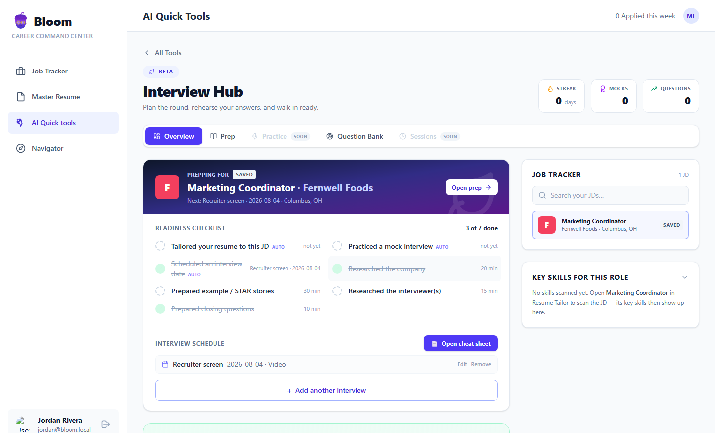 Bloom's Interview Hub overview: readiness checklist, scheduled recruiter screen, and the Open cheat sheet button for a Marketing Coordinator role